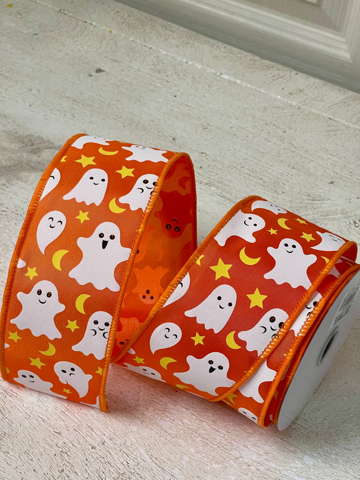 2.5 Inch By 10 Yard Orange Ghost Moon And Star Ribbon