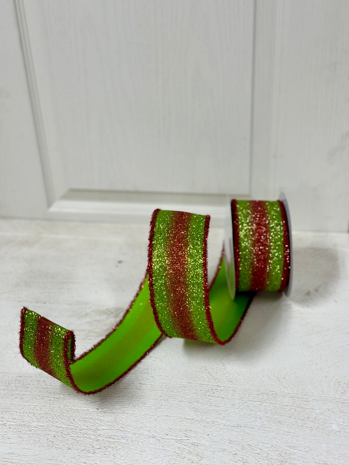 2.5 Inch By 10 Yard Red And Lime Gradient Glitter With Red Tinsel Edging Ribbon