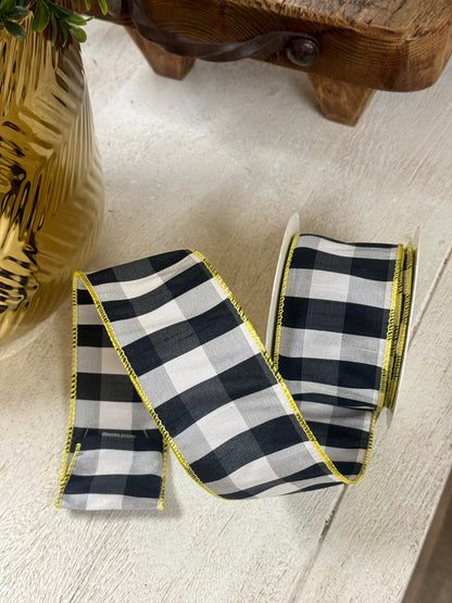 2.5 Inch By 10 Yard Black And White Gingham With Yellow Edging Ribbon