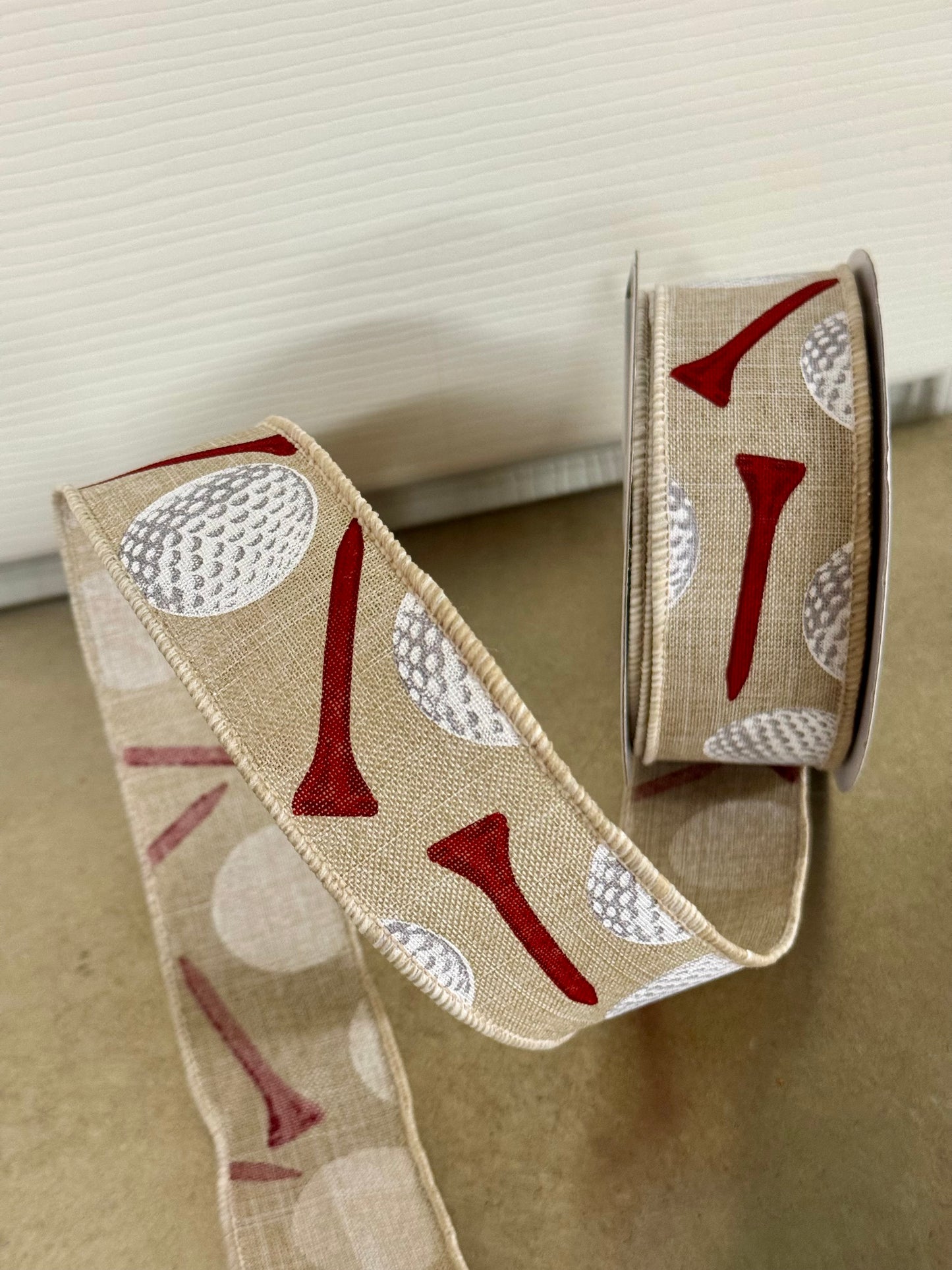 1.5 Inch By 10 Yard Tan And Red Golf Ball Ribbon