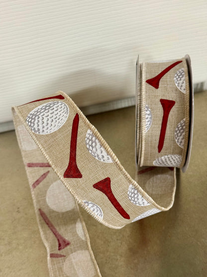 1.5 Inch By 10 Yard Tan And Red Golf Ball Ribbon