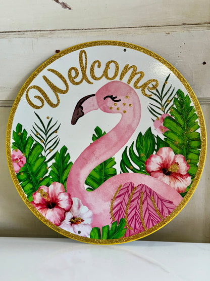 12 Inch Flamingo Glitter Welcome Metal Sign