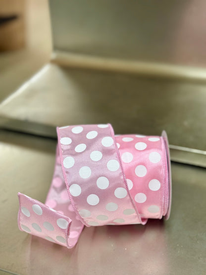 2.5 Inch By 10 Yard Pink And White Large Polka Dot Ribbon