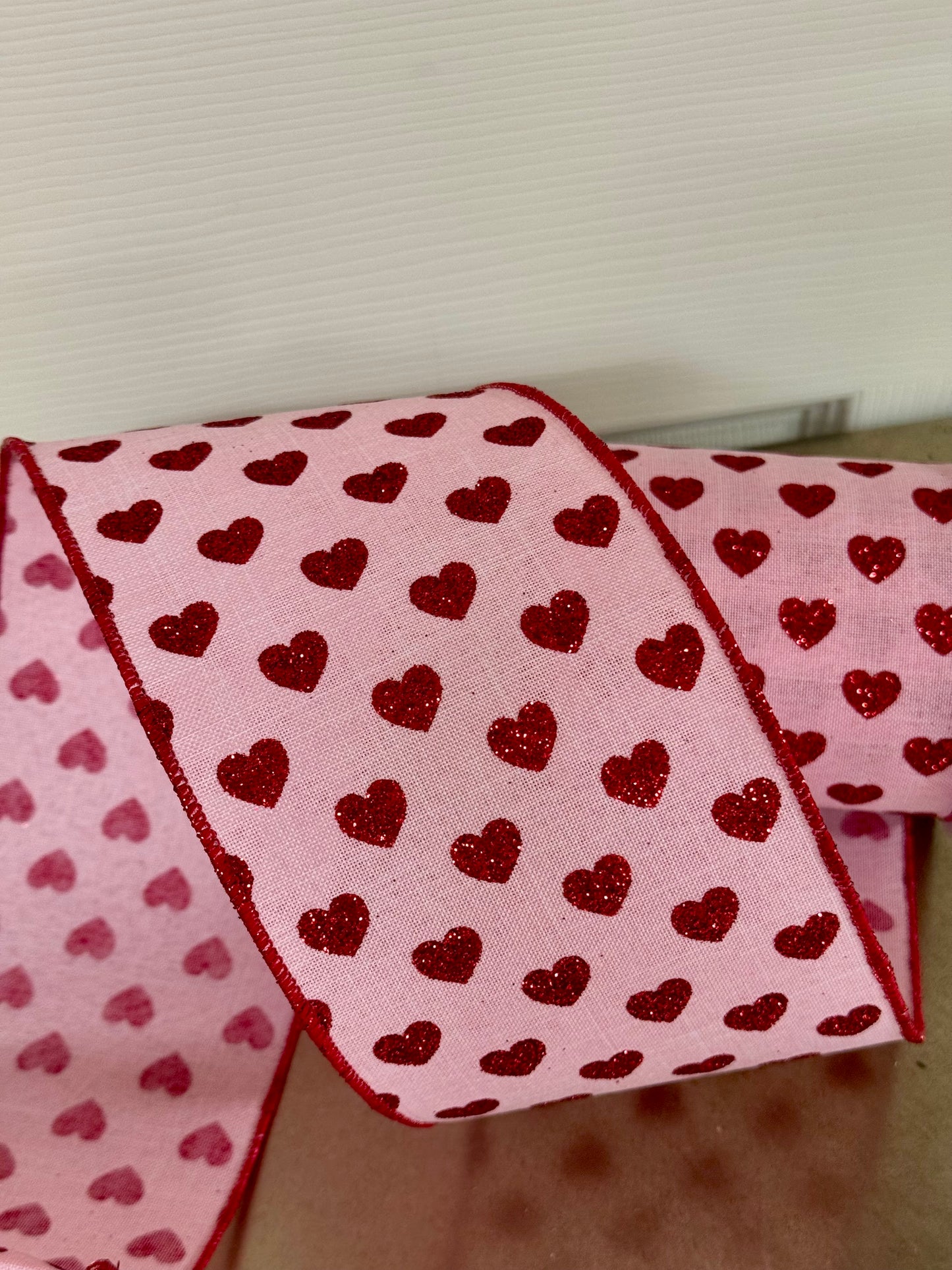 4 Inch By 10 Yard Pink And Red Glitter Heart Ribbon