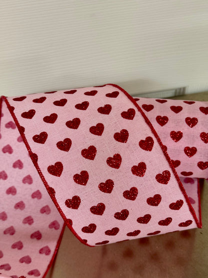 4 Inch By 10 Yard Pink And Red Glitter Heart Ribbon