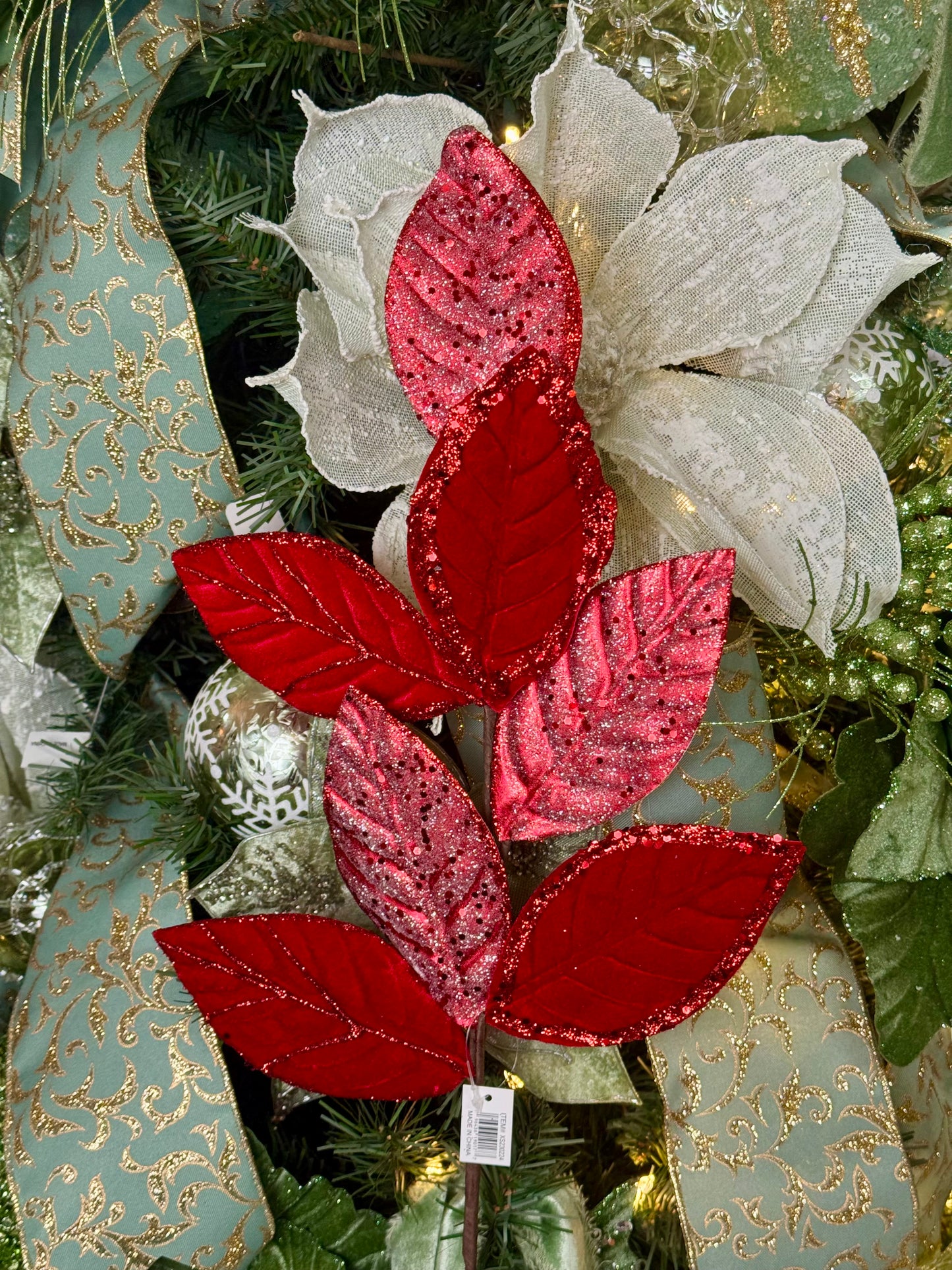 27 Inch Red Velvet Glitter Magnolia Leaf Spray