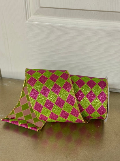 4 Inch By 10 Yard Hot Pink And Lime Glitter Harlequin Ribbon