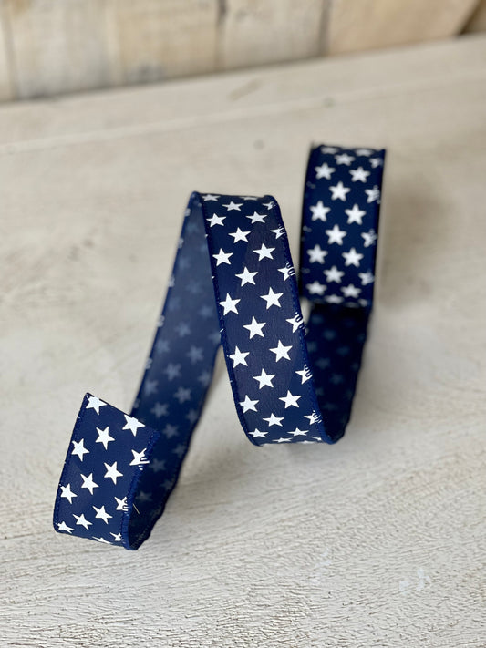 1.5 Inch By 10 Yard Navy Satin With White Stars Ribbon