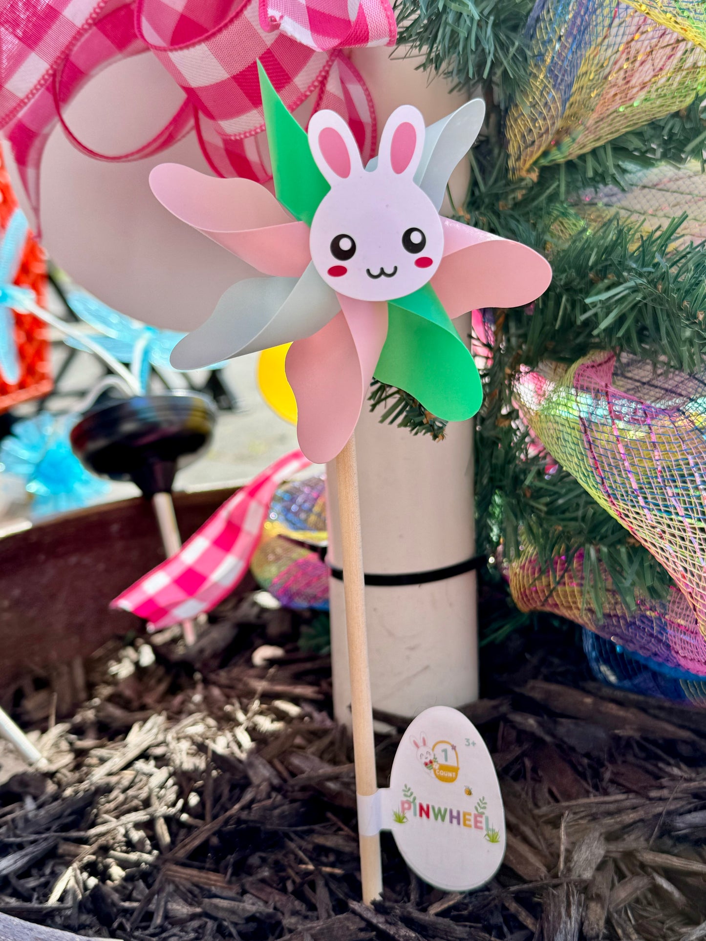 Green Blue And Pink Pinwheel With Easter Bunny