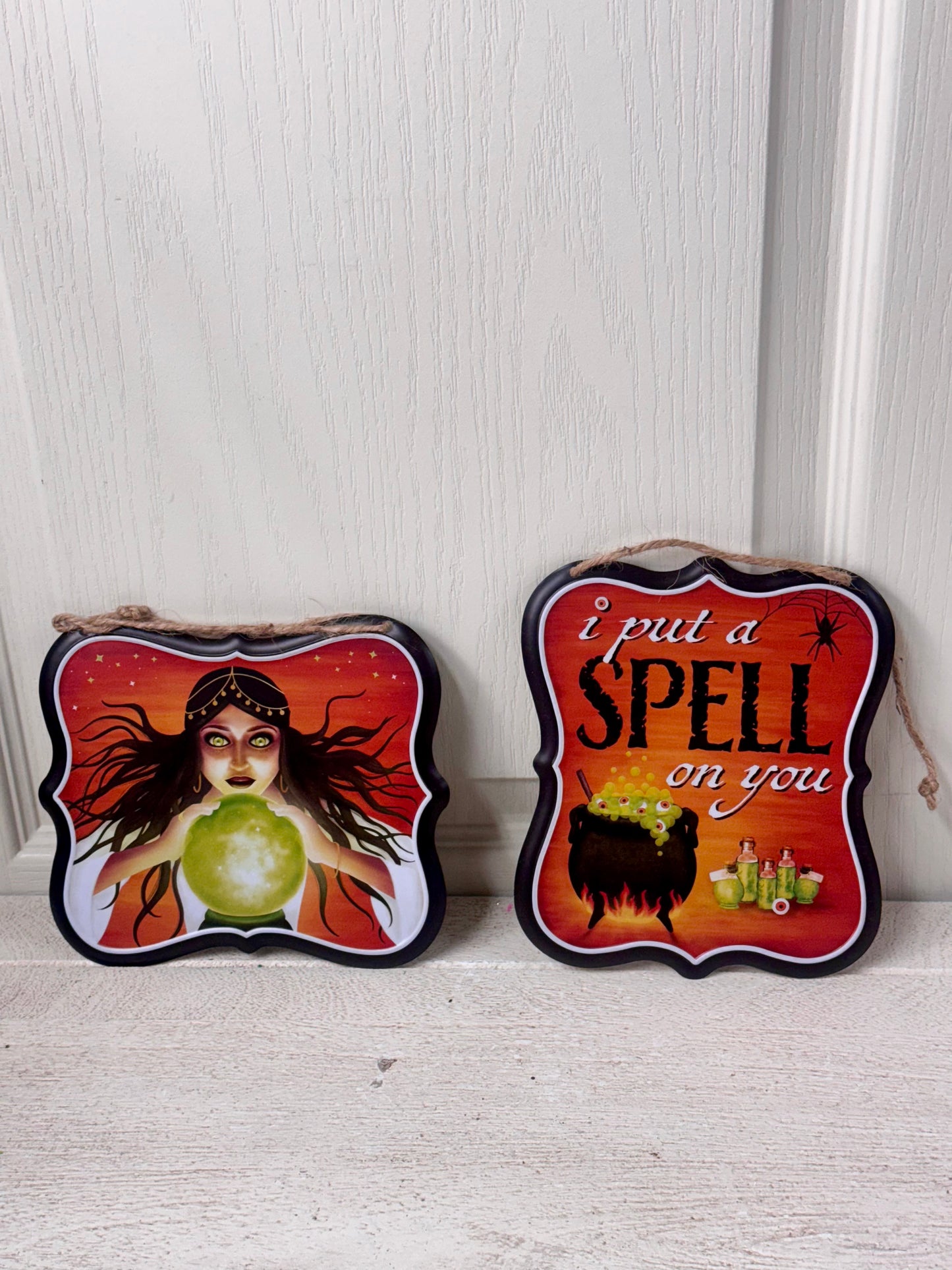 7 Inch Halloween Spells Metal Sign Two Assorted