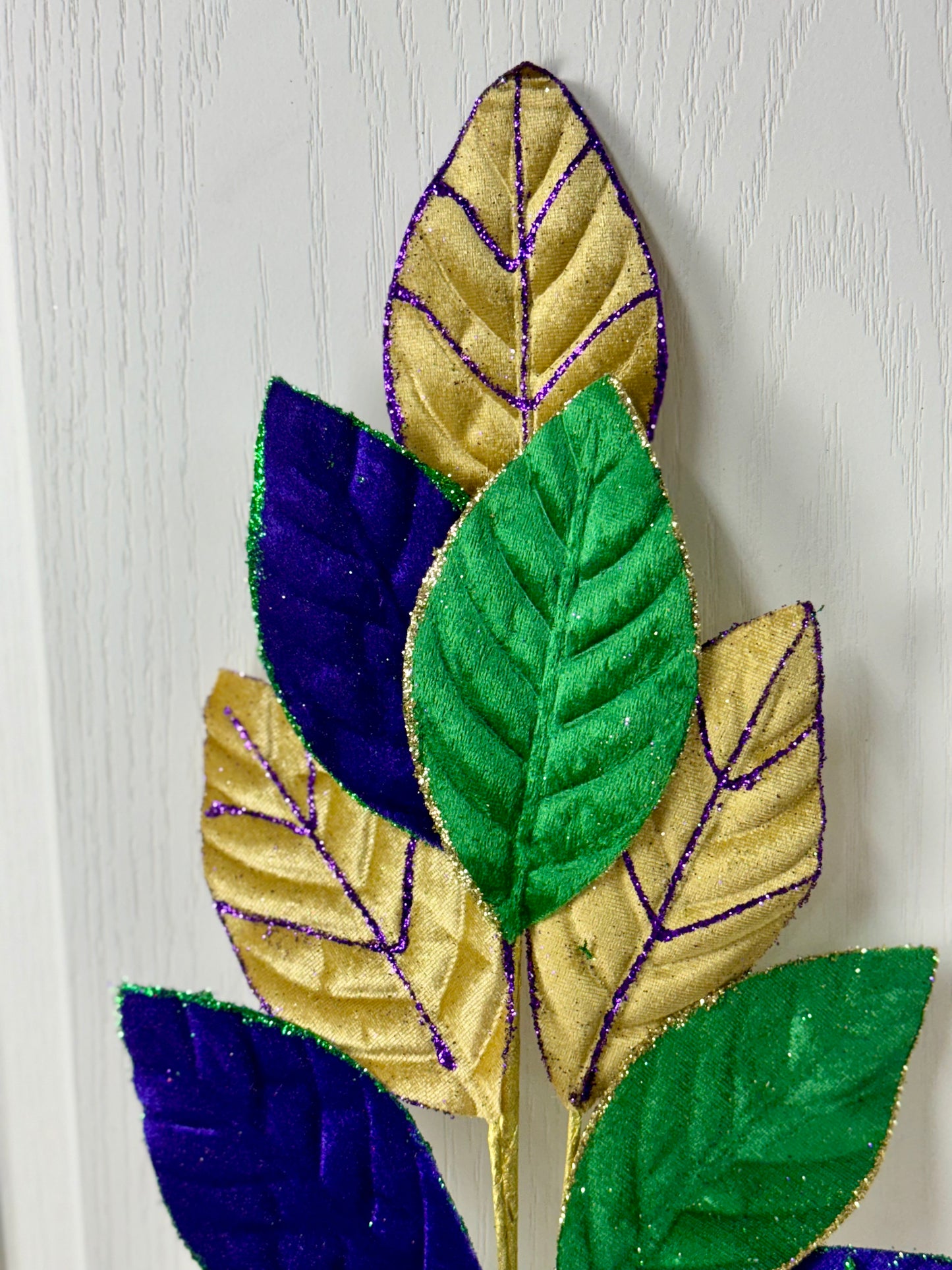 27 Inch Mardi Gras Velvet Glitter Leaf Spray