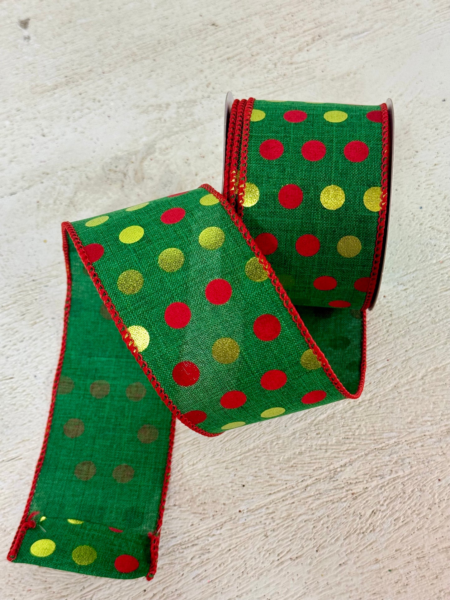 2.5 Inch By 10 Yard Red Emerald And Lime Metallic Polka Dot Ribbon