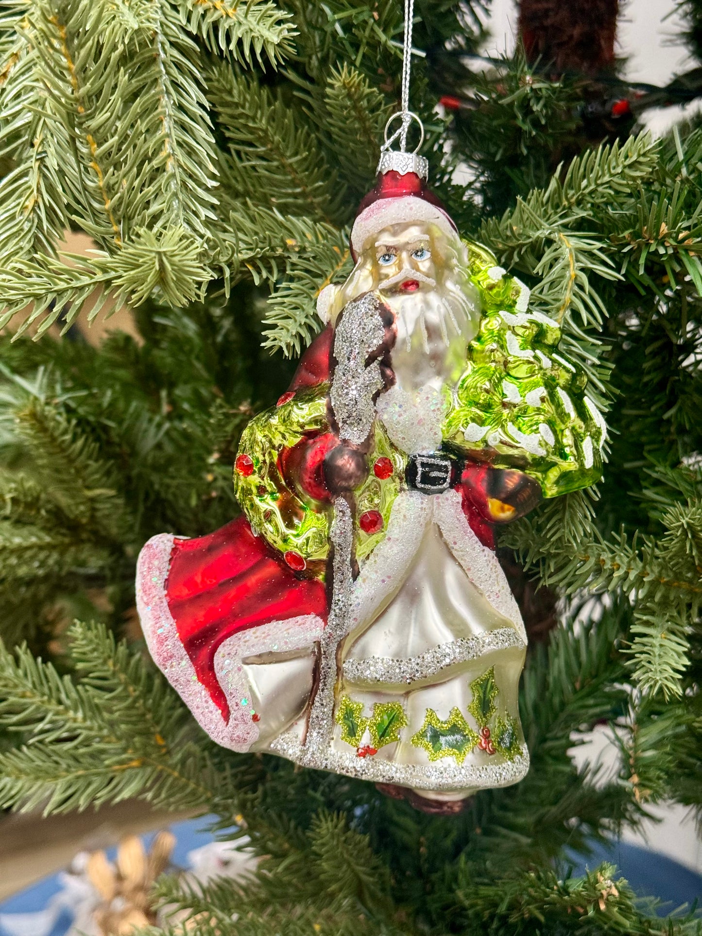 7.25 Inch Red White And Green Santa Claus Glass Ornament