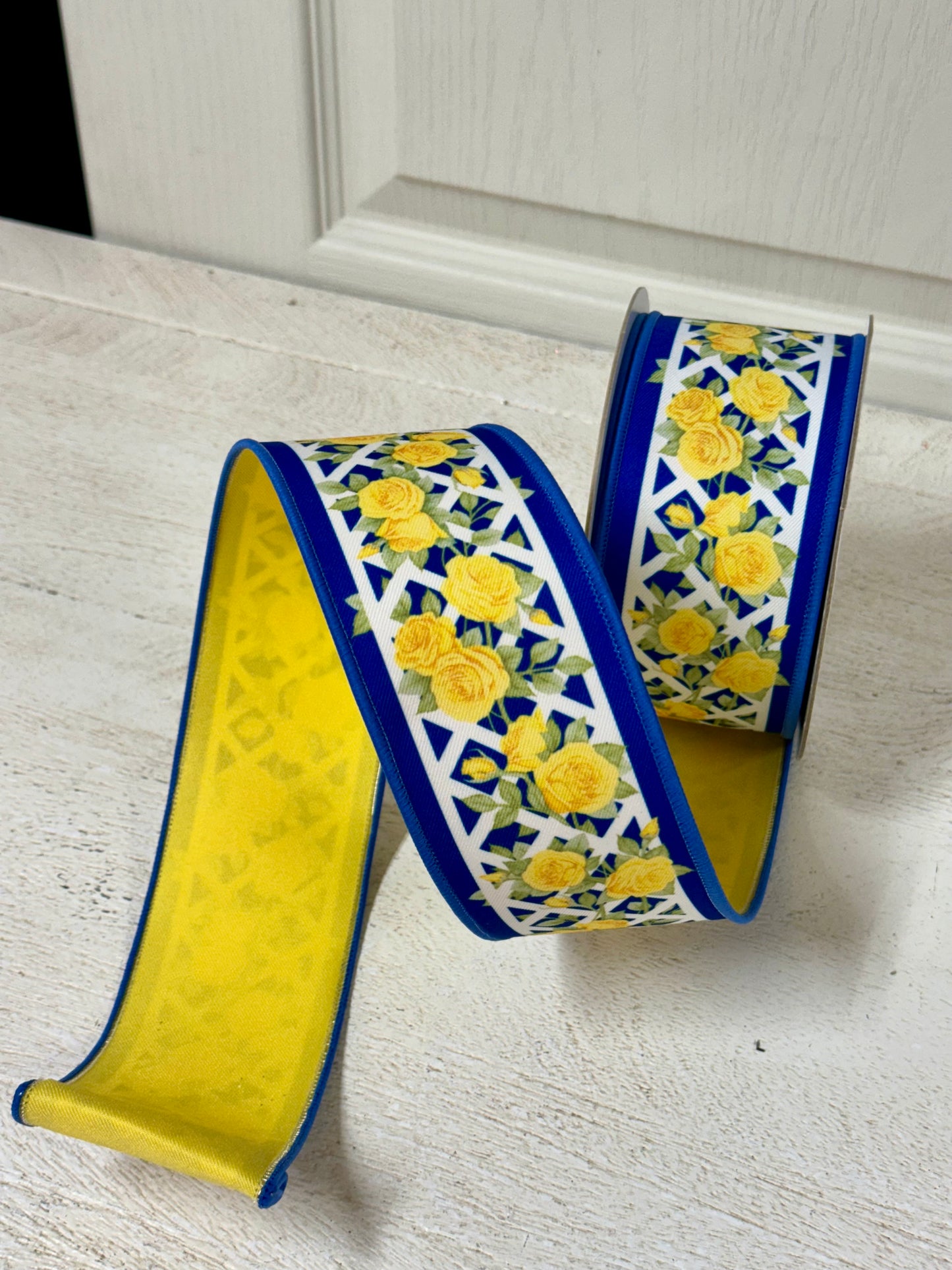 2.5 Inch By 10 Yard Blue And Yellow Rose Trellis Fused Backing Ribbon