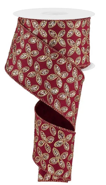 2.5 Inch By 10 Yards Burgundy And Gold Quatrefoil Petals Ribbon