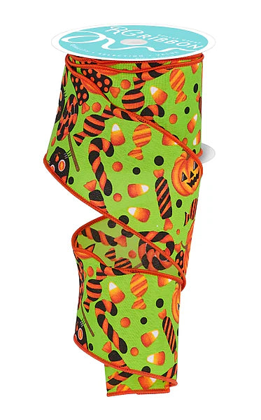 2.5 Inch By 10 Yard Halloween Pumpkin Cats And Candy On Lime Ribbon