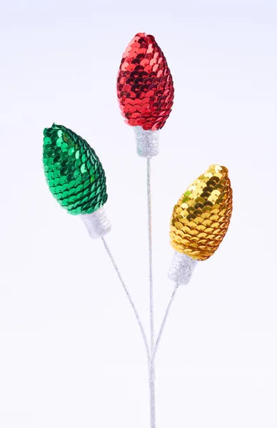 11 Inch Red Emerald Green And Gold Styrofoam Sequin Light Bulb Pick