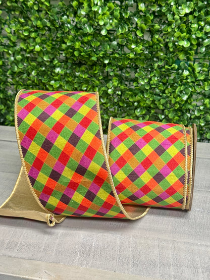 4 Inch By 10 Yard Multi Jewel Tone Check Plaid With Gold Metallic Fused Dupioni Ribbon