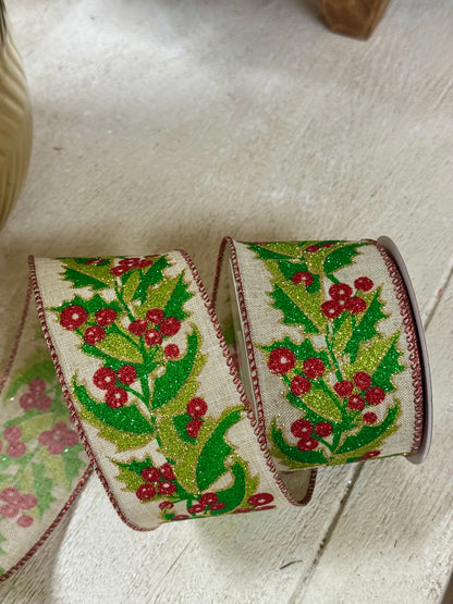 2.5 Inch By 10 Yard Red And Green Holly Berry Glitter Ribbon