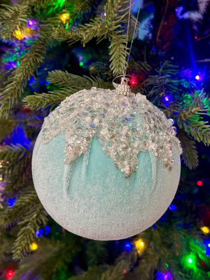 4.75 Inch Ice Blue Velvet Ornament With Sequin And Beaded Dripping