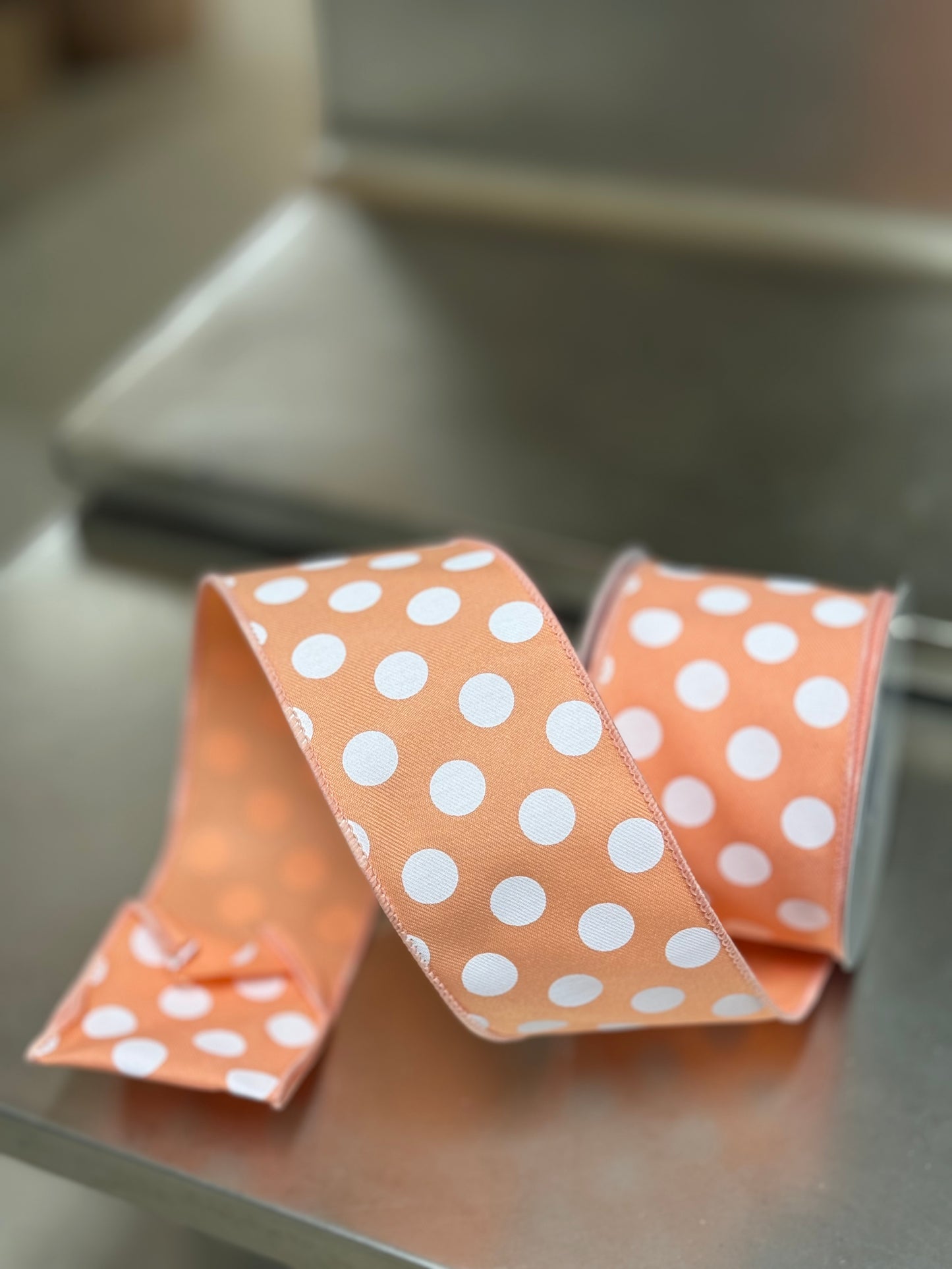 2.5 Inch By 10 Yard Peach And White Polka Dot Ribbon