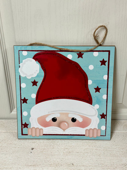 10 Inch Light Blue And Red Peeking Santa Face Square Wooden Sign