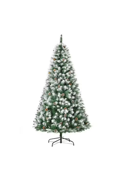 HomCom 6 ft. Artificial Christmas TreeFlocked Hinge Tree with Pine Cones, Holiday Home Christmas Decoration Automatic Open, Green Open Box