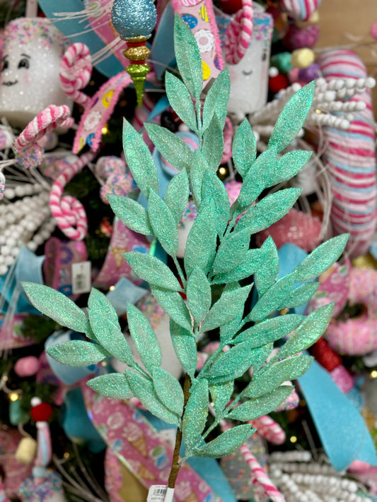 32 Inch Mint Green Glitter Bay Leaf Spray