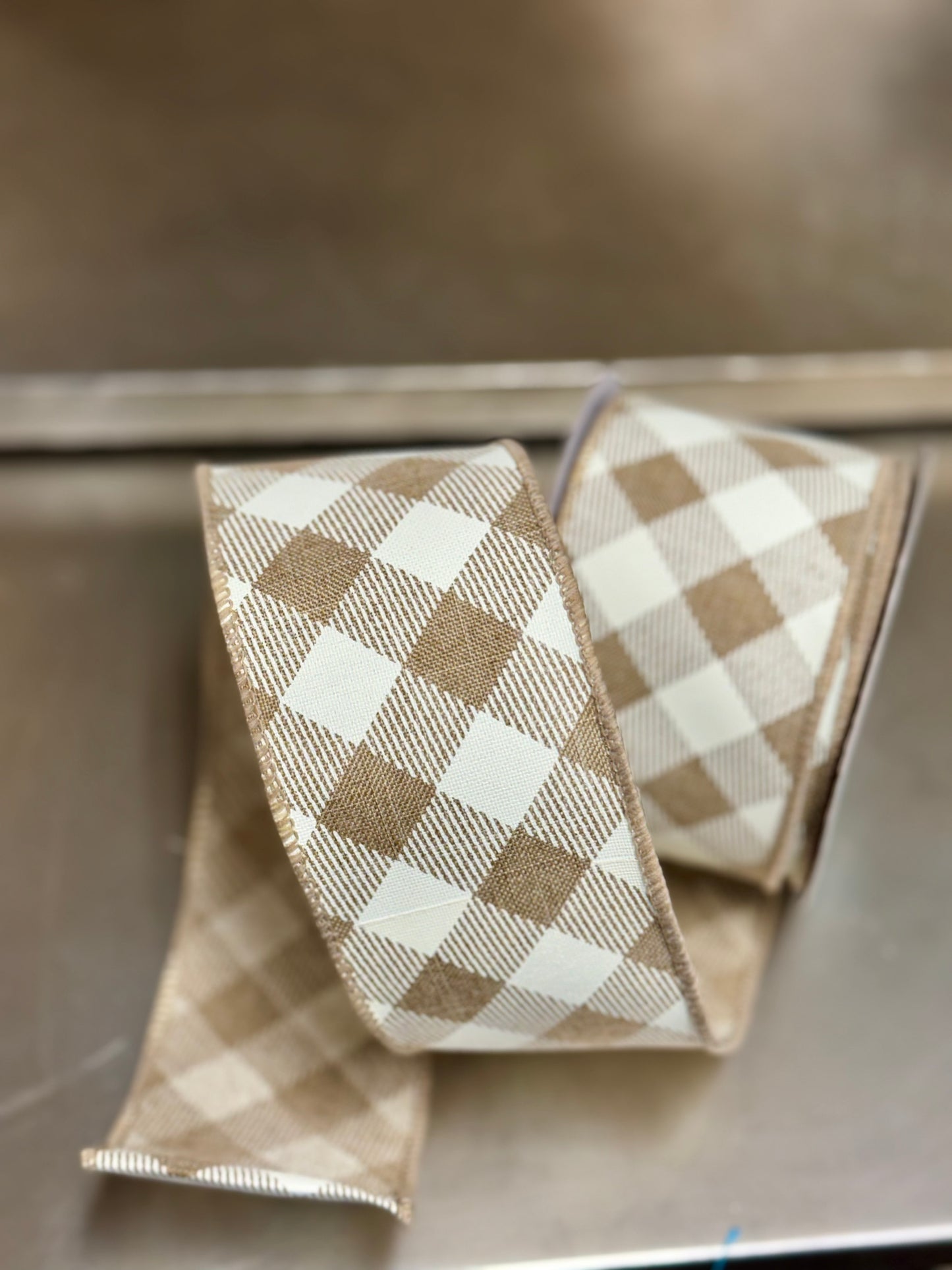 2.5 Inch By 10 Yard Light Beige And Ivory Check Ribbon