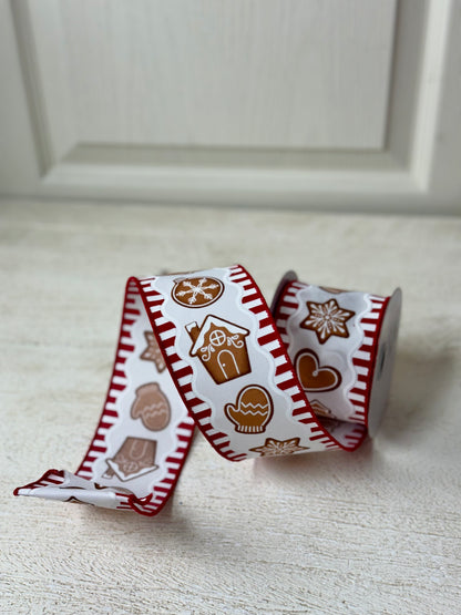 2.5 Inch By 10 Yard Red And White Gingerbread Cookies Ribbon