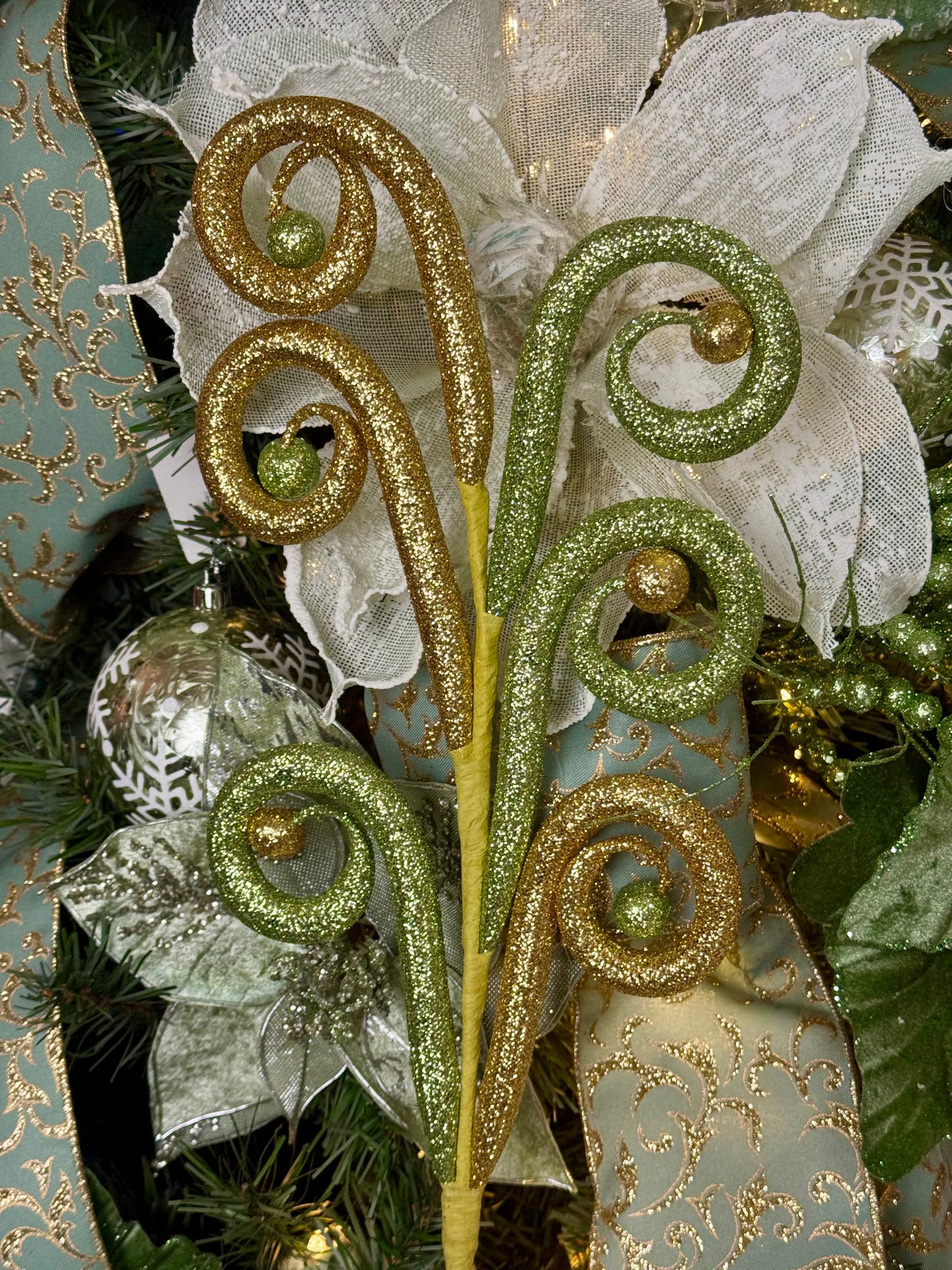 28.5 Inch Sage Green And Gold Glitter Tubing Coil Ball Spray