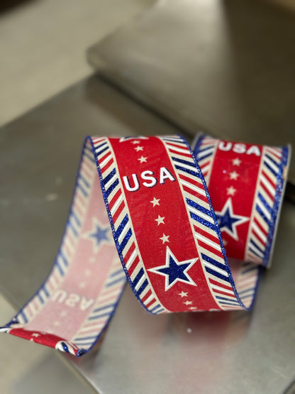 2.5 Inch By 10 Yard USA Ribbon With Diagonal Border Ribbon