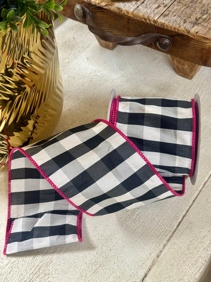 4 Inch By 10 Yard Black And White Gingham With Pink Edging Ribbon