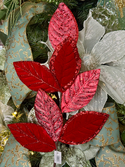 27 Inch Red Velvet Glitter Magnolia Leaf Spray