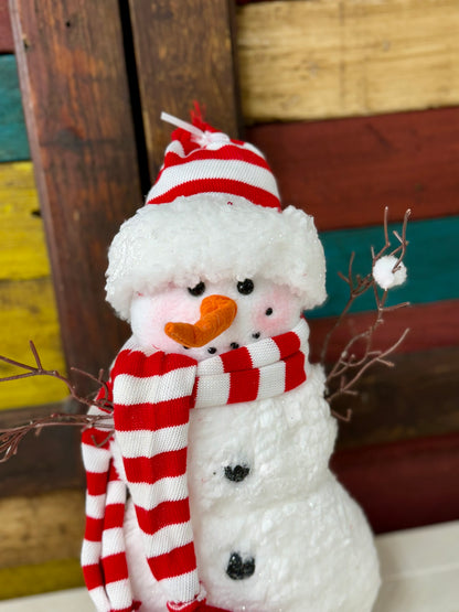 15.7 Inch Snowman With Red And White Striped Hat And Scarf