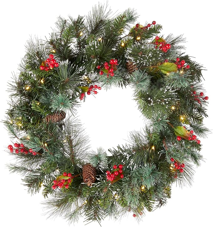 24 Inches National Tree Company Pre-Lit Artificial Christmas Wreath Green Crestwood Spruce, White Lights Decorated with Pine Cones Berry Cluster Frosted Branches Christmas Collection Open Box