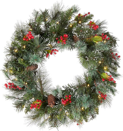 24 Inches National Tree Company Pre-Lit Artificial Christmas Wreath Green Crestwood Spruce, White Lights Decorated with Pine Cones Berry Cluster Frosted Branches Christmas Collection Open Box