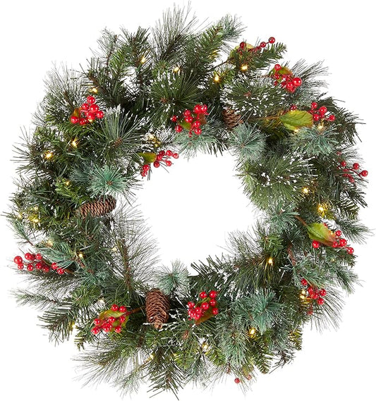 24 Inches National Tree Company Pre-Lit Artificial Christmas Wreath Green Crestwood Spruce, White Lights Decorated with Pine Cones Berry Cluster Frosted Branches Christmas Collection Open Box