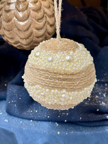 4.25 Inch Cream Glitter Pearl Beaded Ornament Ball