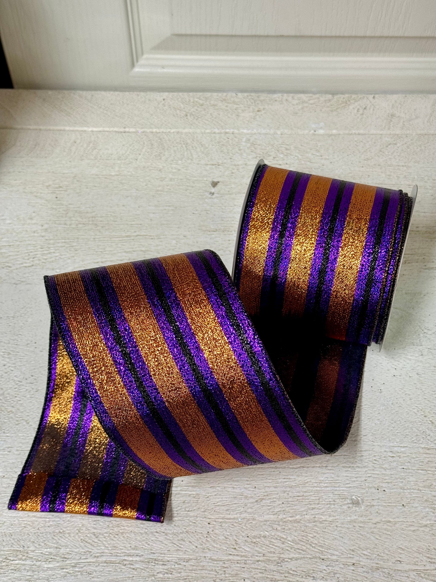 4 Inch By 10 Yard Copper Purple And Black Metallic Vertical Stripe Ribbon