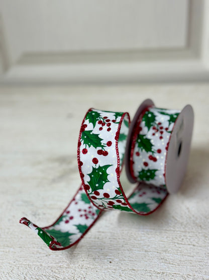 1.5 Inch By 10 Yard Holly Leaves And Berries Ribbon