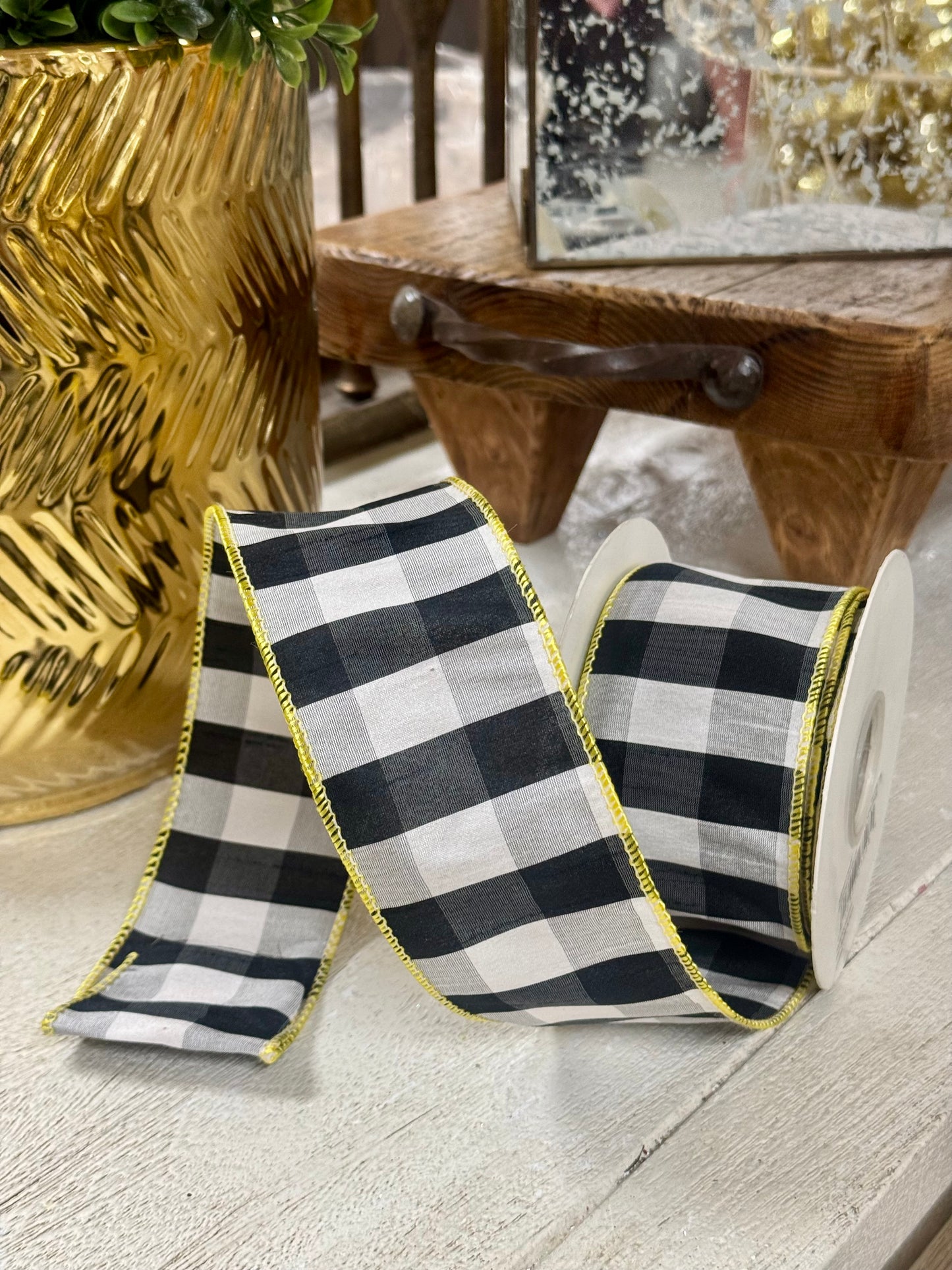 2.5 Inch By 10 Yard Black And White Gingham With Yellow Edging Ribbon
