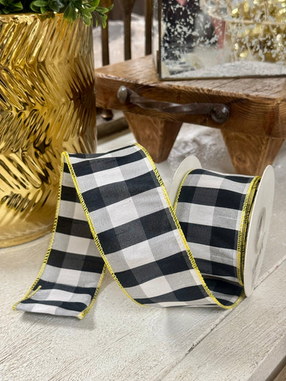 2.5 Inch By 10 Yard Black And White Gingham With Yellow Edging Ribbon