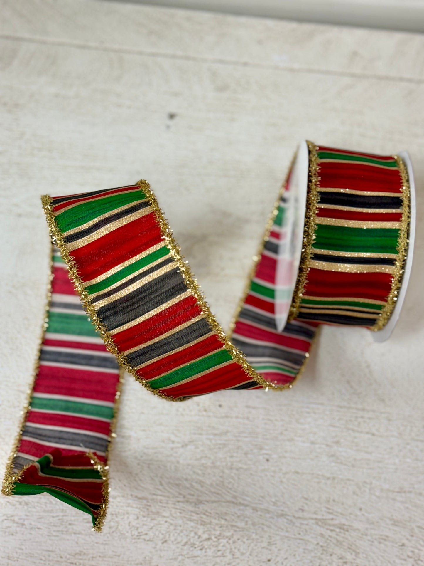 2.5 Inch By 10 Yard Red Black And Green Stripes With Gold Tinsel Ribbon