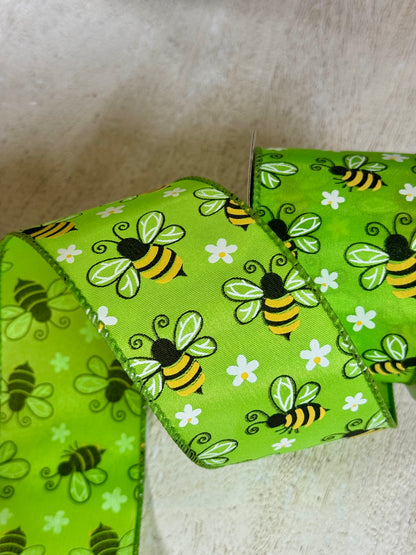 2.5 Inch By 10 Yard Lime Green Bumble Bees Ribbon