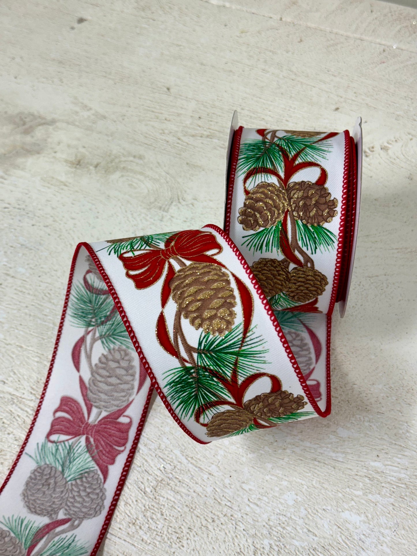2.5 Inch By 10 Yard Pinecone And Red Bow Ribbon