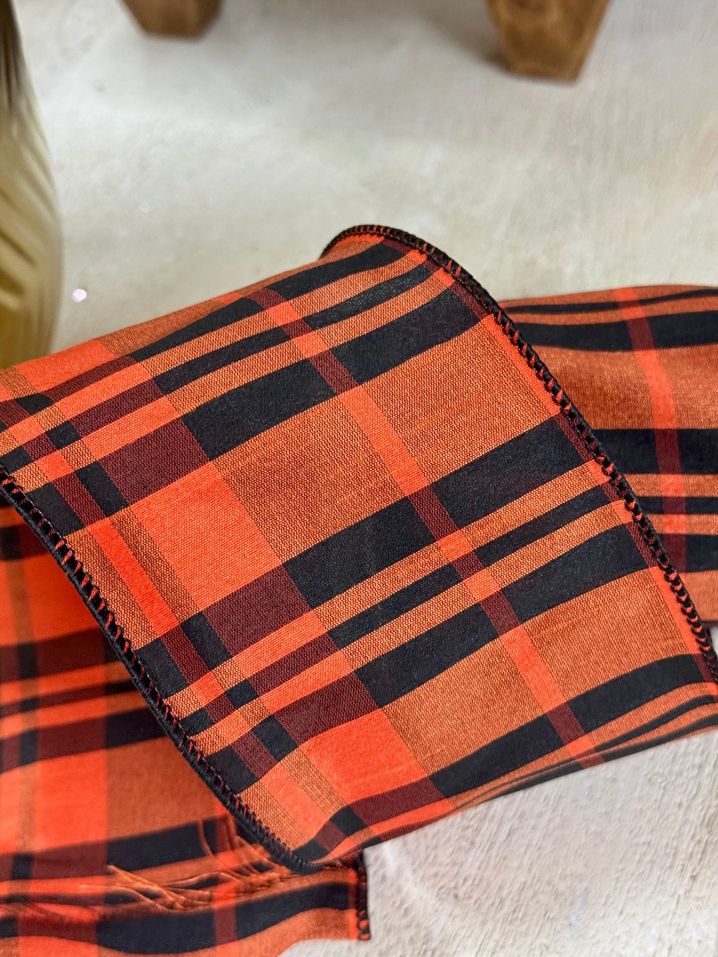 4 Inch By 10 Yard Burnt Orange And Black Dupioni Plaid Ribbon