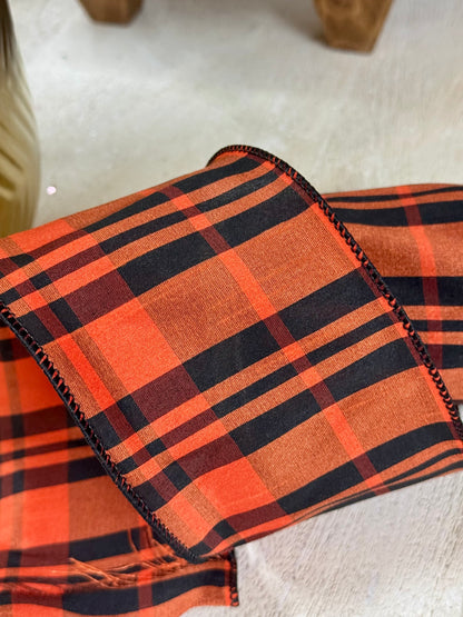 4 Inch By 10 Yard Burnt Orange And Black Dupioni Plaid Ribbon