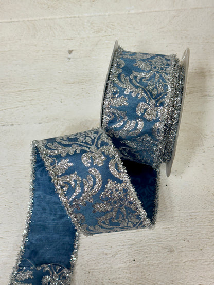 2.5 Inch By 10 Yard Smoke Blue And Silver Demask With Silver Tinsel Edging