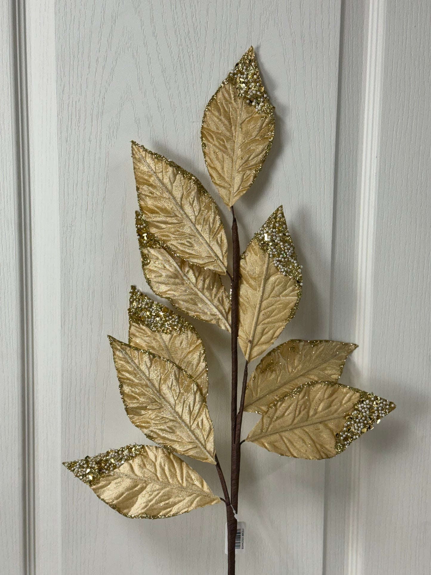 31.5 Inch Gold Pressed Velvet Glitter Leaf Spray With Pearls